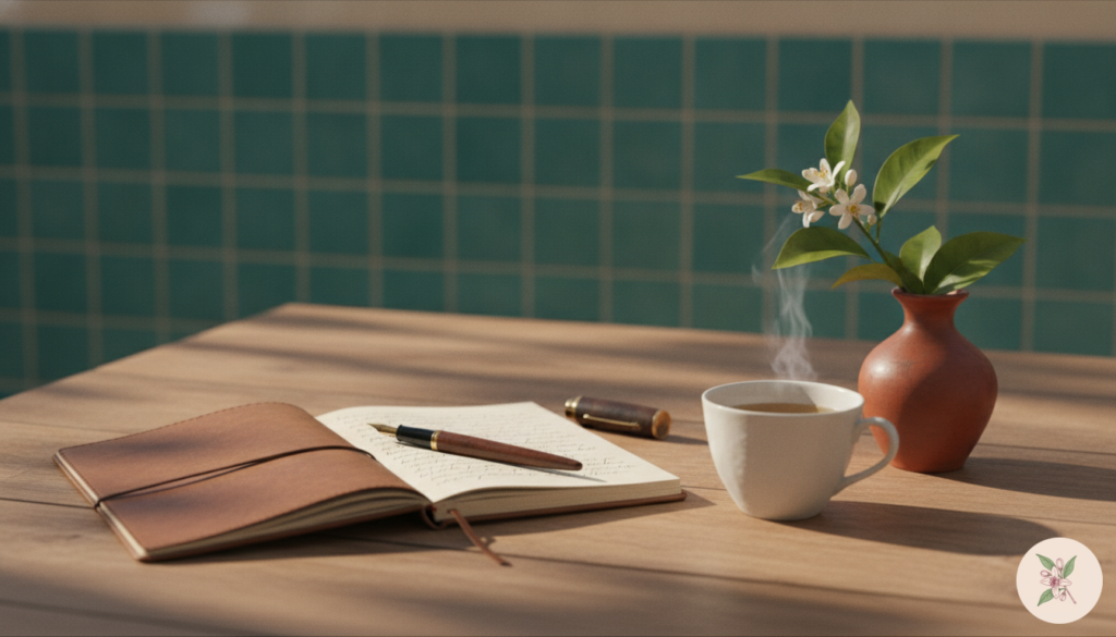 Cuaderno abierto y pluma sobre la mesa del patio, con un ramito de azahar en un vasito